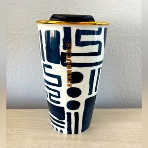 Starbucks 2015 Blue Geometric Modern Art Gold Rim ceramic tumbler